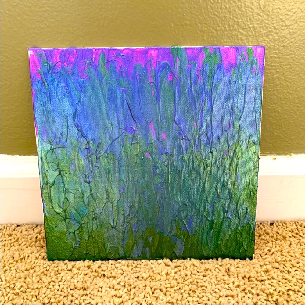 “Lavender I” 8x8 canvas board with purple, blue and green iridescent acrylics